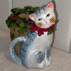 Vintage cat figurine and holly basket Holiday winter decor gray tiger kitty 90s